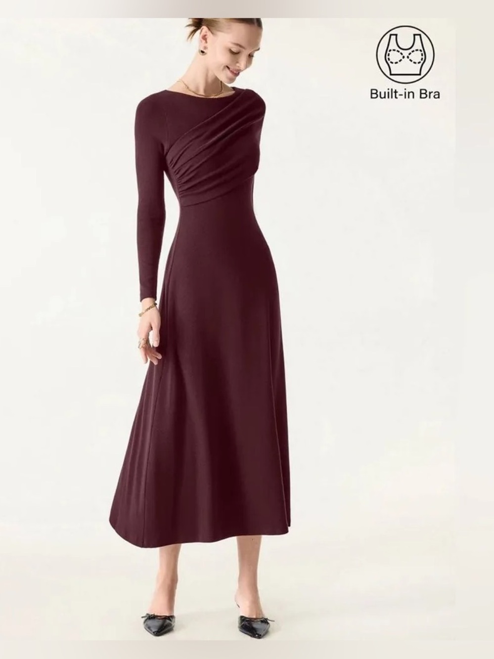 OGL Chic Boatneck Ruched Sash Midi Brami Dress Burgundy Size Medium New with tag